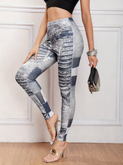 Block Stitching Faux Denim Yoga Pants