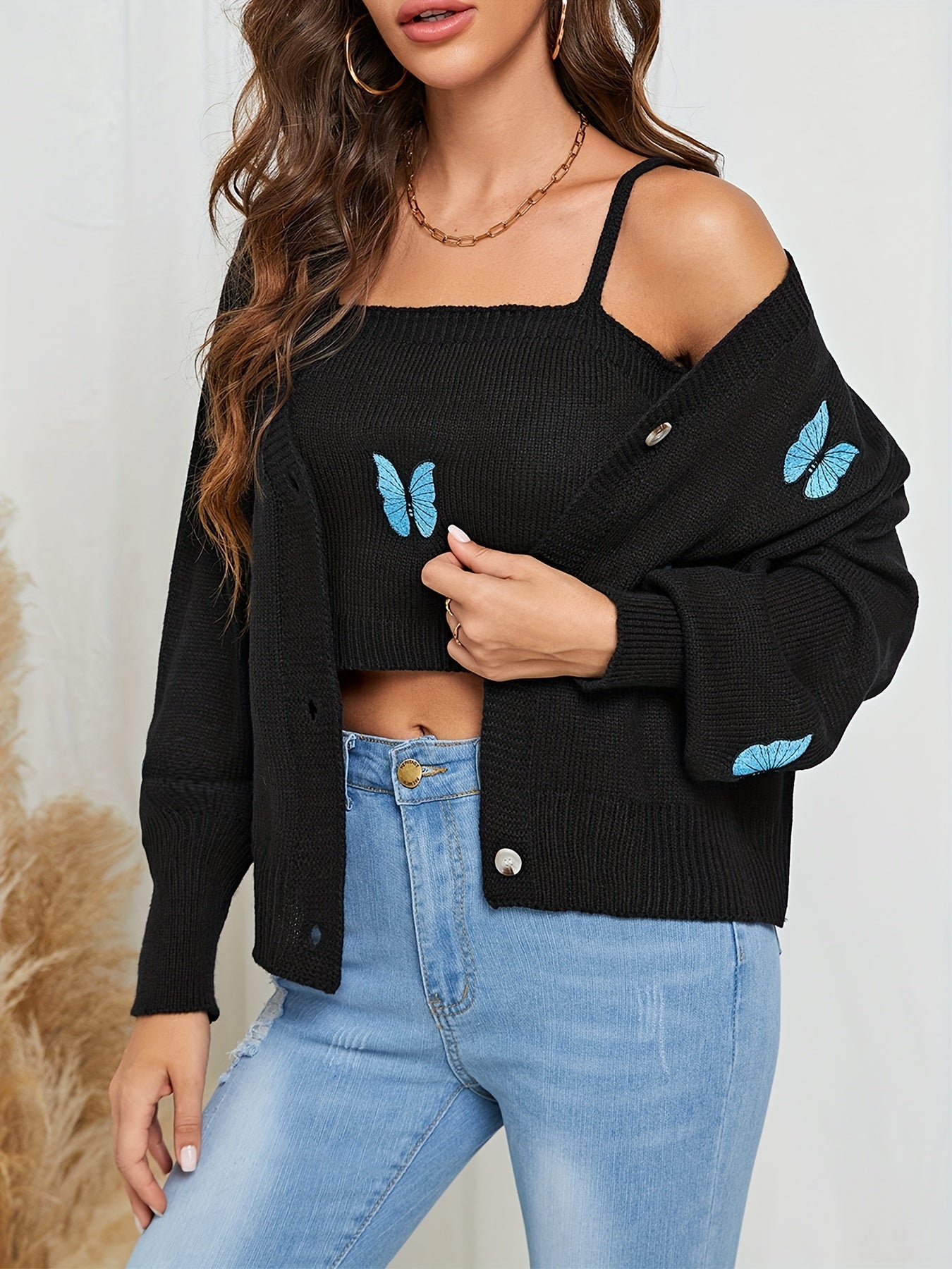 Butterfly Print Knit Two Piece Set Cami Top & Cardigan