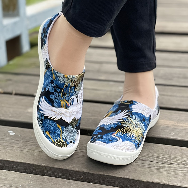 Women's Crane Print Flat Canvas Shoes Lightweight Slip On Loafers