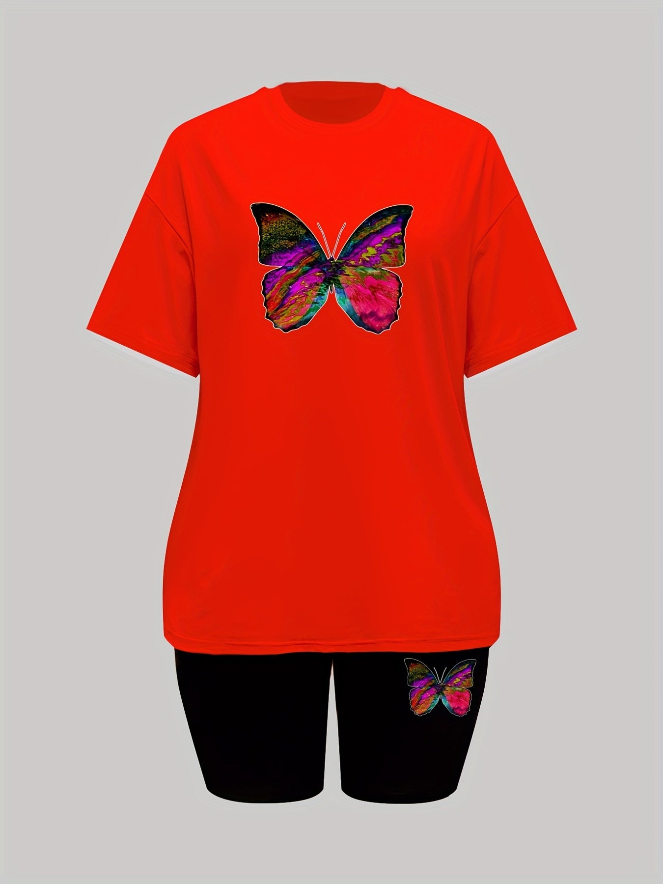 Butterfly Print Lounge Set Short Sleeve Crew Neck Top & Elastic Waistband Shorts