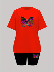 Butterfly Print Lounge Set Short Sleeve Crew Neck Top & Elastic Waistband Shorts