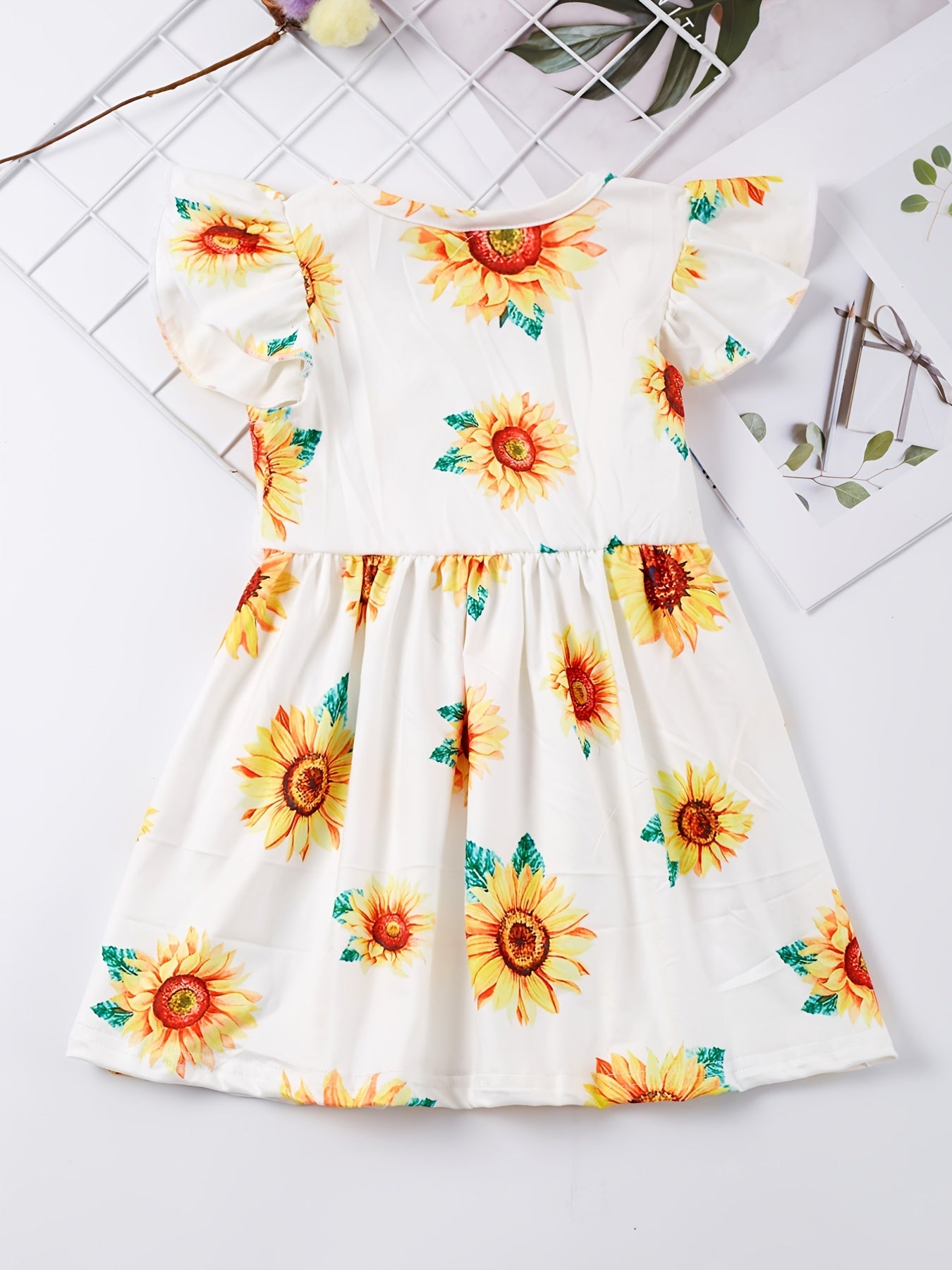 Girls Sunflower Graphic Dress Ruffled Sleeves for Party