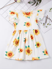 Girls Sunflower Graphic Dress Ruffled Sleeves for Party