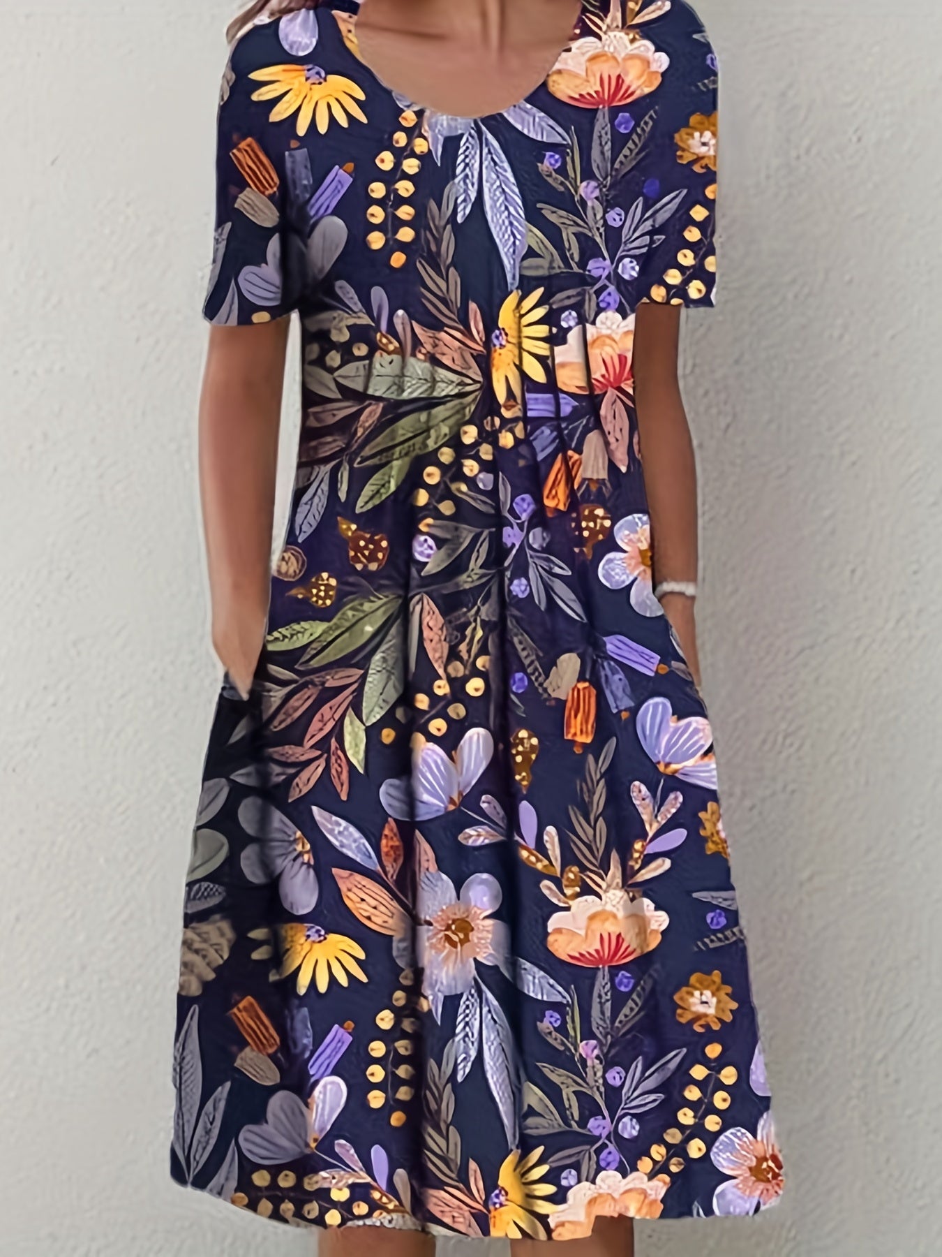Floral Print Ruched Dress with Pockets