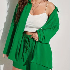 Casual 2 Piece Set: Polo Neck Blouse & Drawstring Shorts