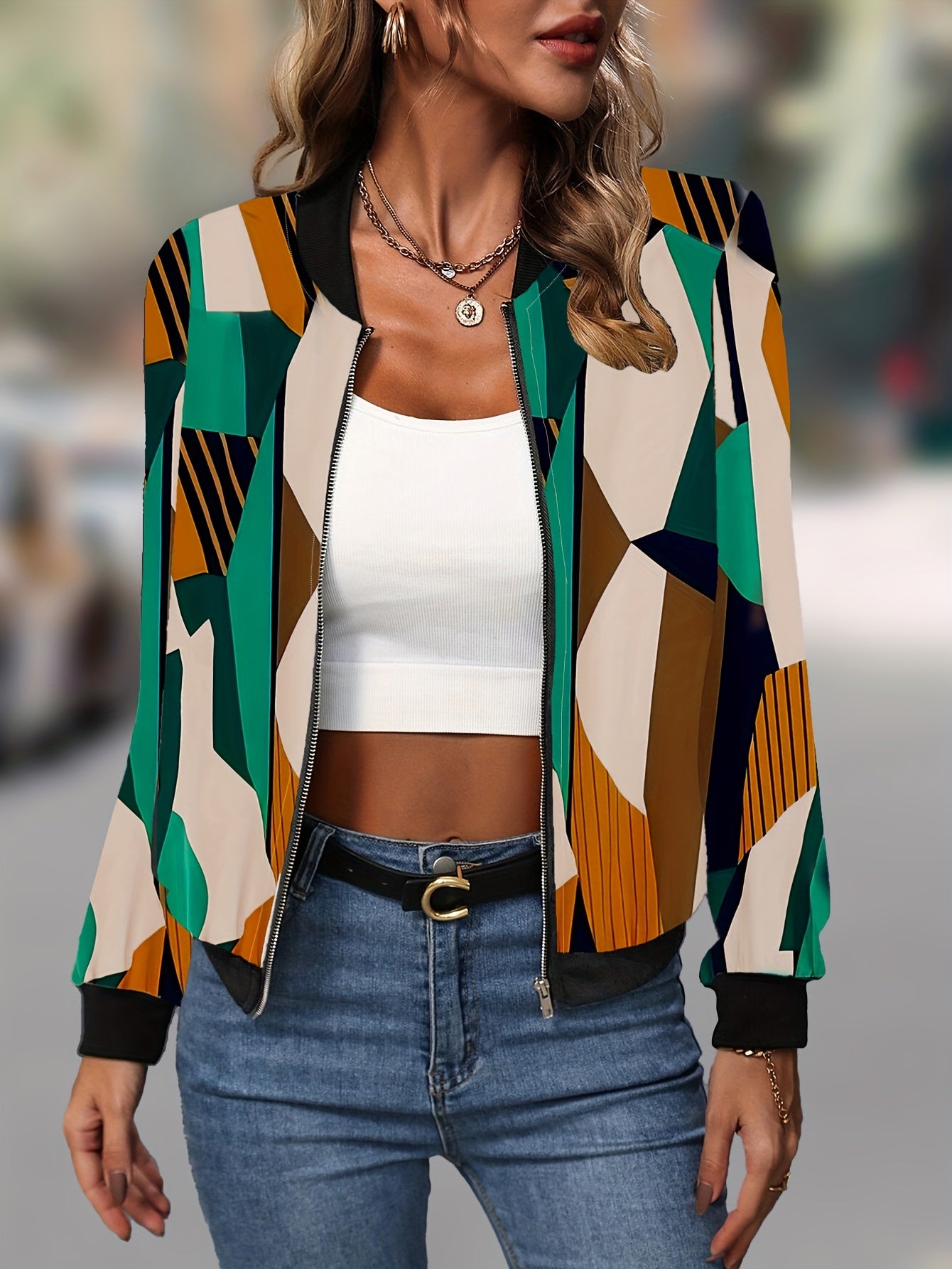 Geo Print Zip Up Jacket for Women