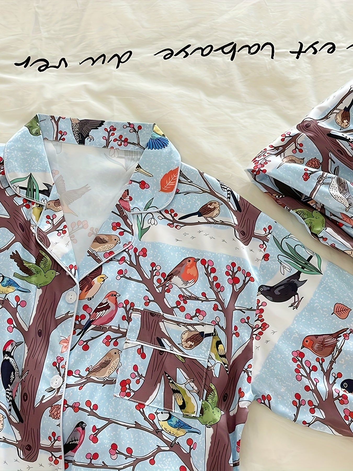 Floral Bird Print Pajama Set Long Sleeve Top & Pants