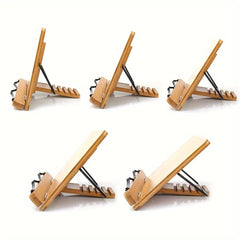 Bamboo Book Stand Adjustable Holder Tray Page Clips Cookbook Reading Desk