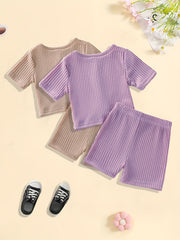 2pcs Toddler Girls Clothes Knot Front Tee Shorts Set