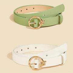 2pcs Round Buckle Belt Classic Solid PU Leather Waist Belt Women