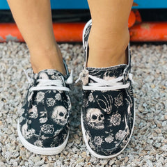 Halloween Scary Skeleton & Floral Print Low Top Sneakers Lightweight