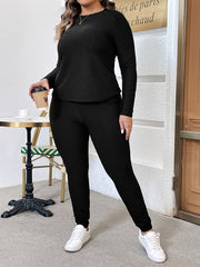 Women's Plus Solid Ribbed Long Sleeve Round Neck Top