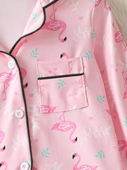 Girl's Flamingo Allover Print Pajamas Button Front Top & Pants Set