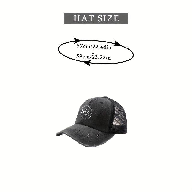 Ponytail Ripped Trucker Hat Letter Print Distressed Baseball Cap