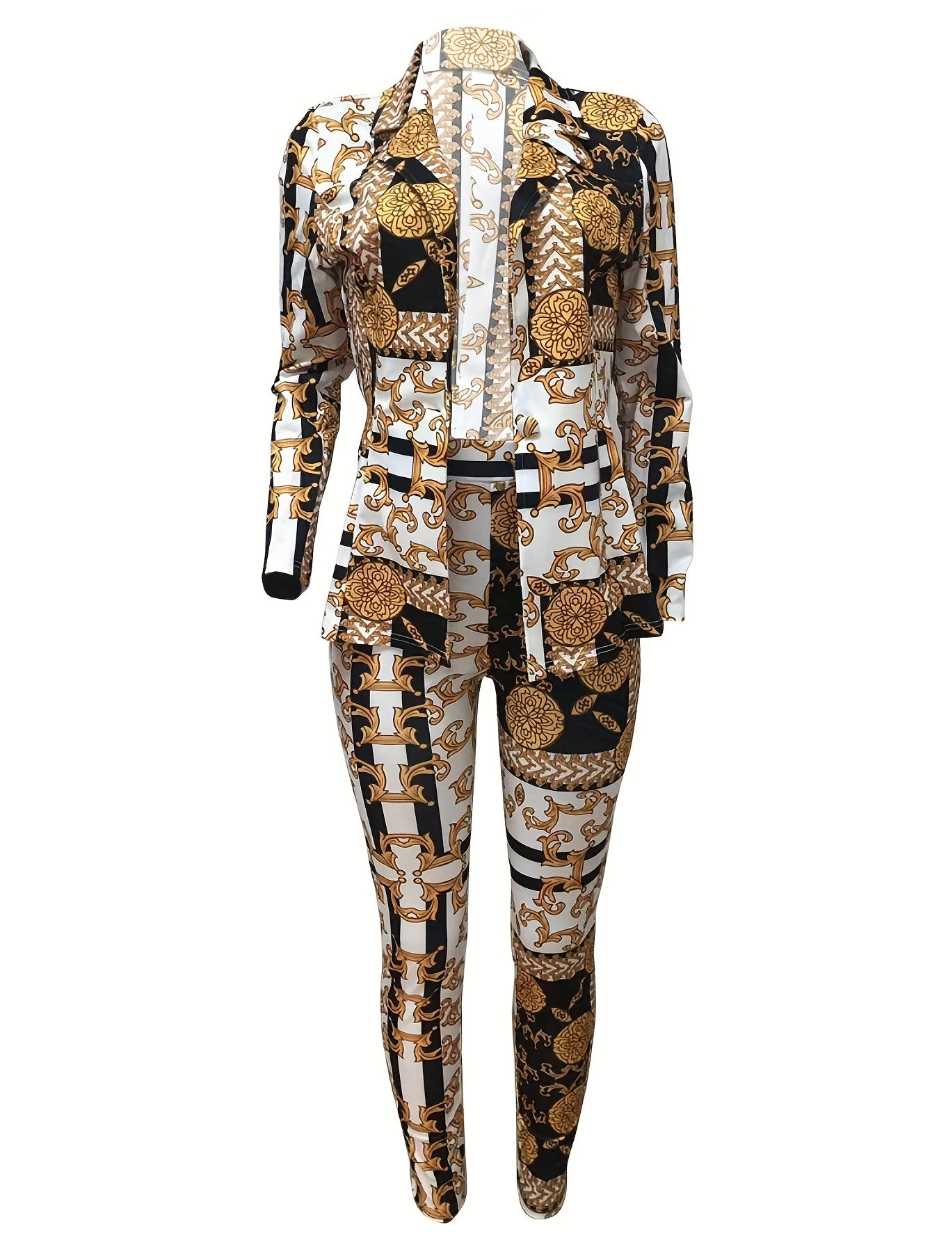 Baroque Floral Print 2pc Set Long Sleeve Tops & Slim Pants Outfits