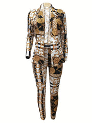 Baroque Floral Print 2pc Set Long Sleeve Tops & Slim Pants Outfits