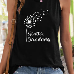 Dandelion & Heart Print Sleeveless Sports Vest Round Neck Stretchy Casual Tops