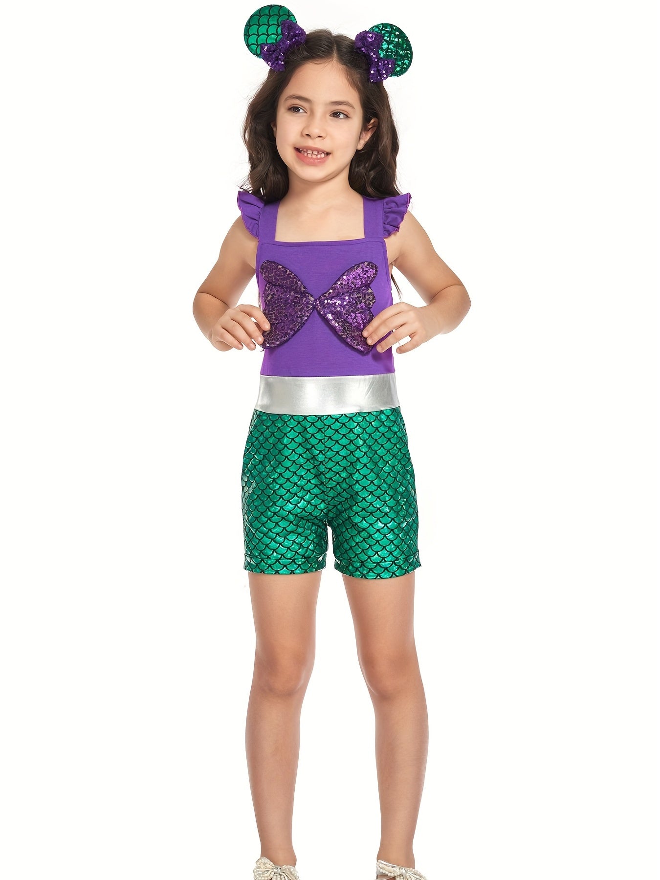 Toddler Girls Ruffle Trim Sequin Bow Block Rompers Jumpsuits Cosplay Costume