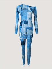 Denim Print 2pcs Set Long Sleeve T-shirt & Skinny Pants