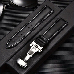 Double Press Solid Butterfly Buckle Leather Strap 18mm-24mm