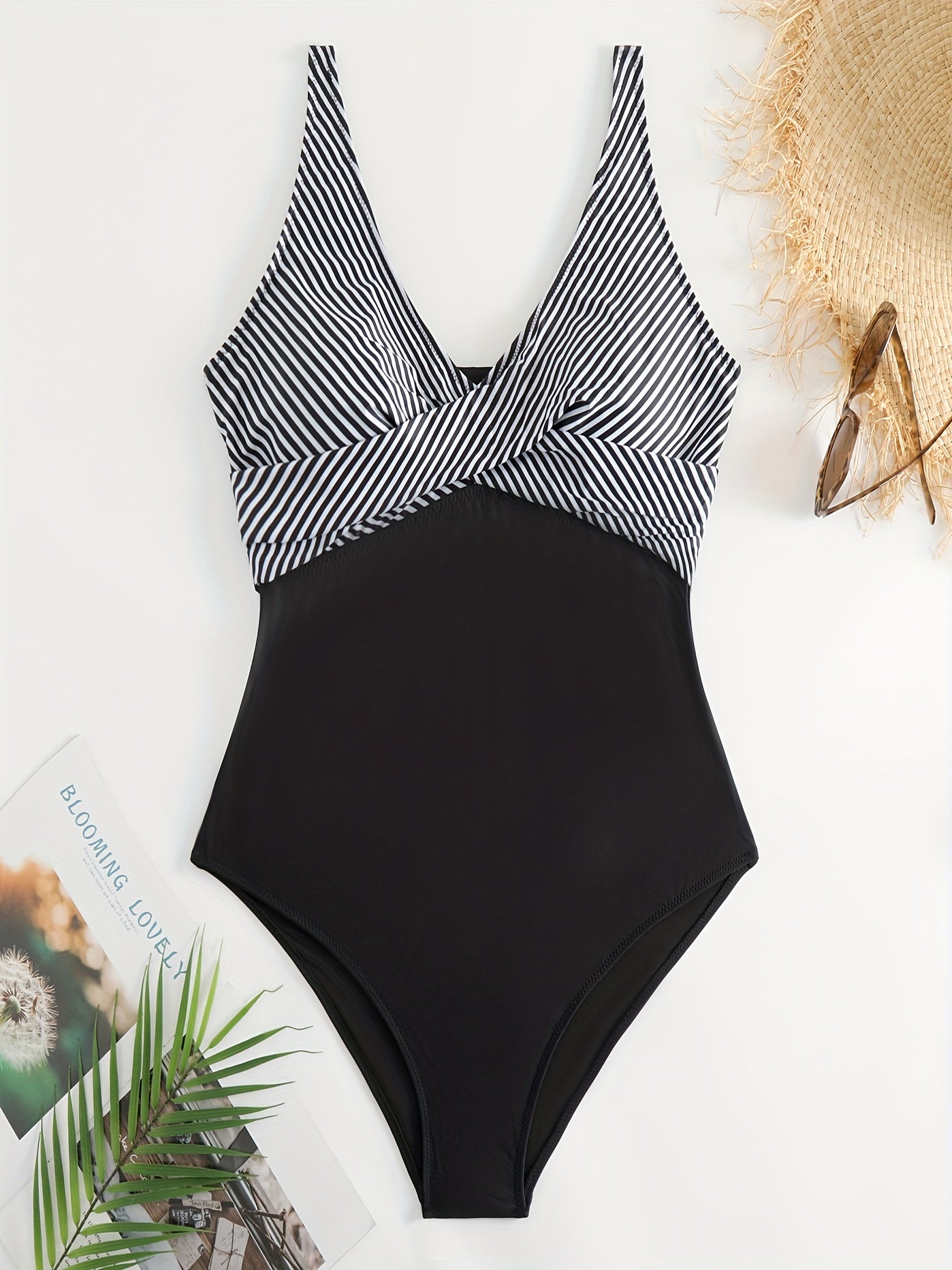 Colorblock Stripe Print Twist Front One Piece Ruched Tank Swimsuit