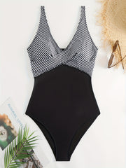 Colorblock Stripe Print Twist Front One Piece Ruched Tank Swimsuit
