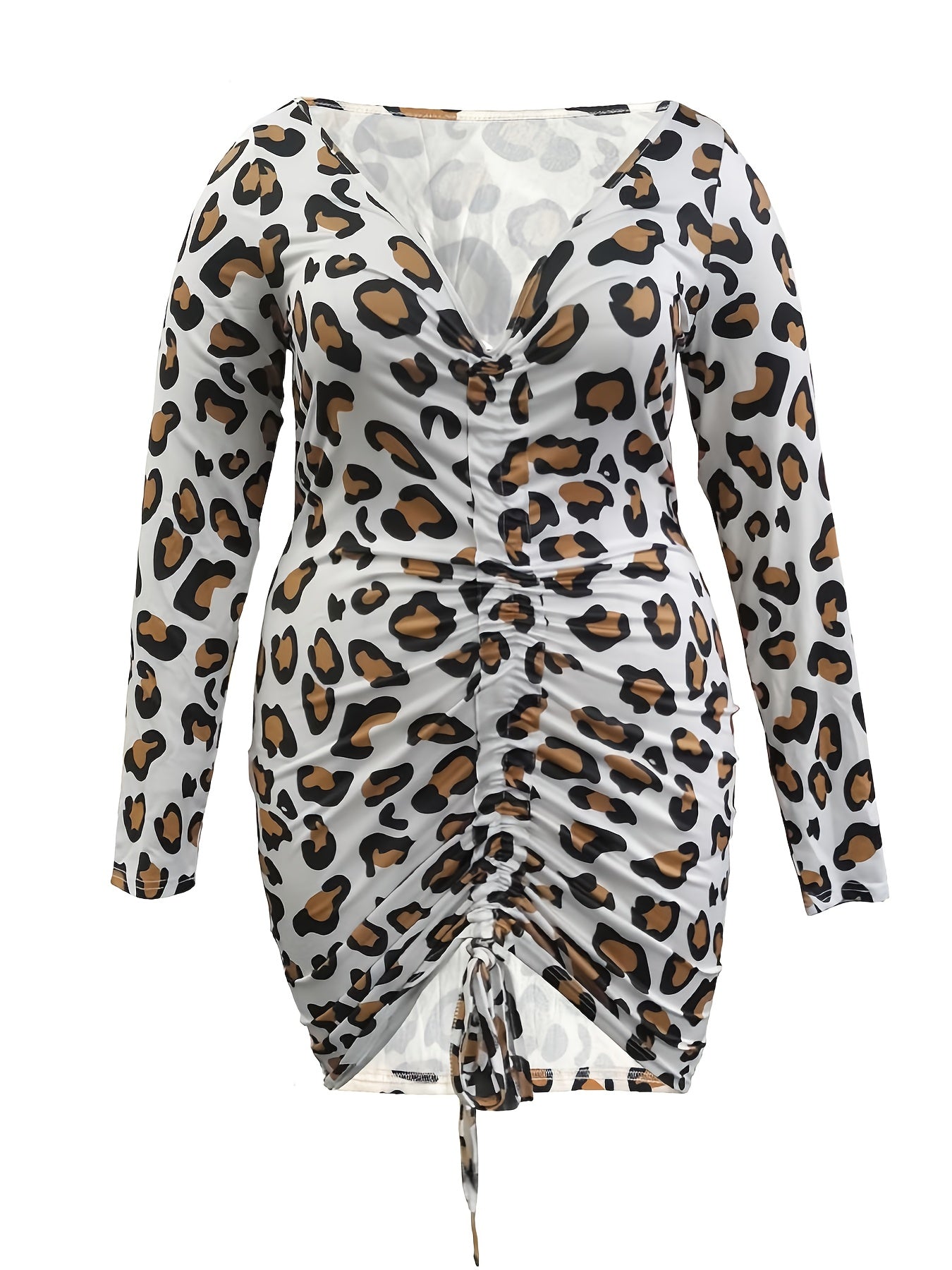 Leopard Print V Neck Drawstring Ruched Dress