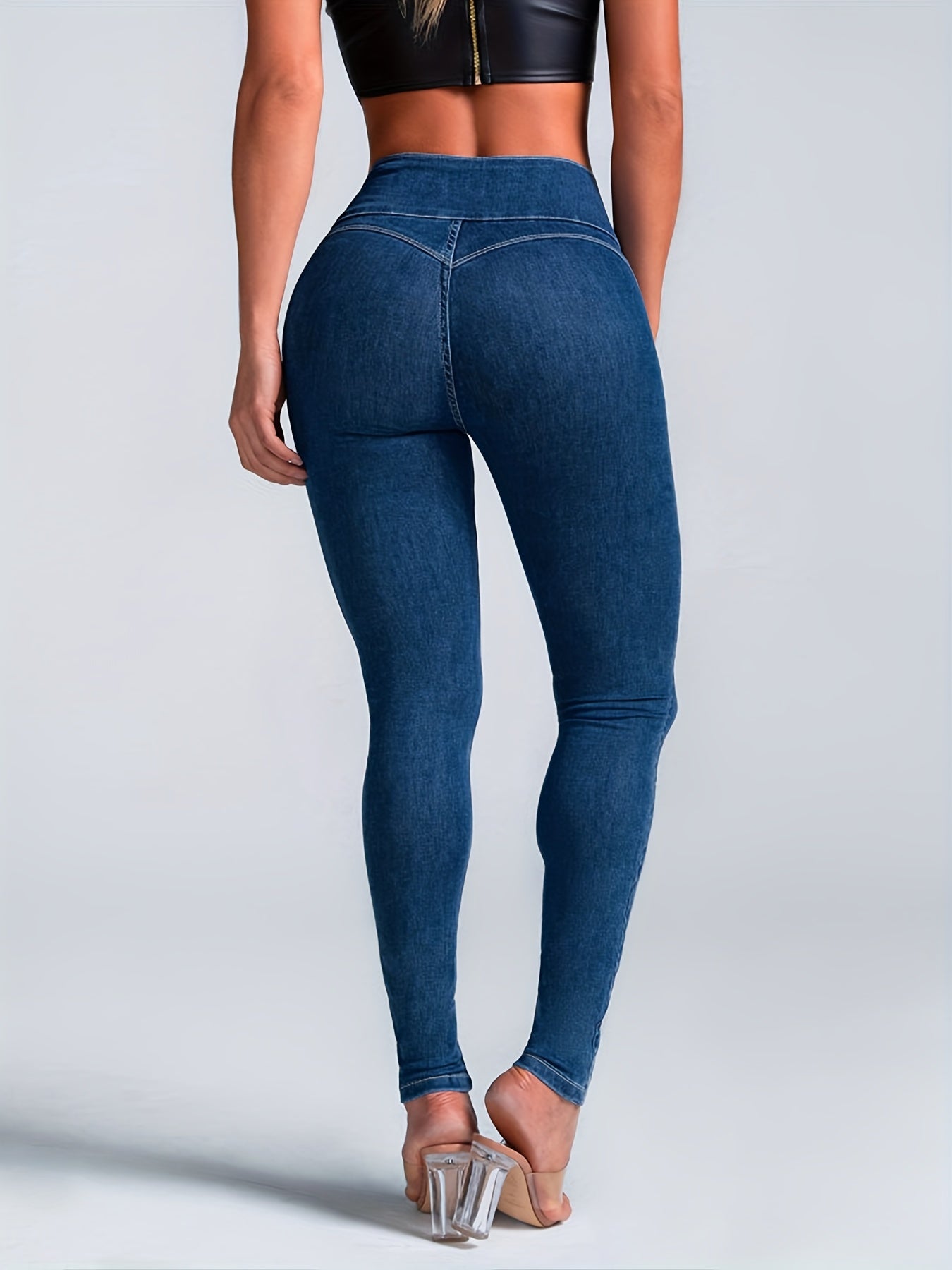 High Waist Skinny Jeans button Solid Denim Pants
