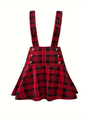 Plaid Print Button Decor A line Suspender Skirt