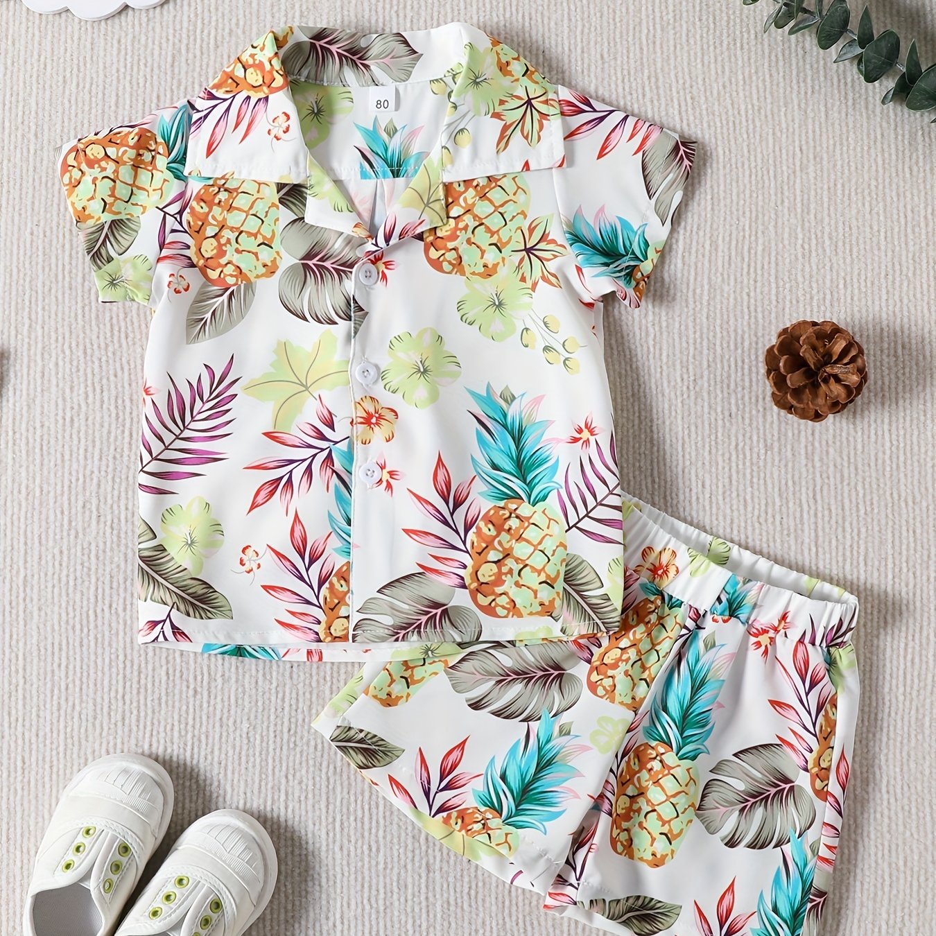 2pcs Boy Casual Cotton Tropical Graphic Short Sleeve Shirts & Shorts Set