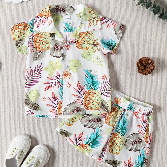 2pcs Boy Casual Cotton Tropical Graphic Short Sleeve Shirts & Shorts Set