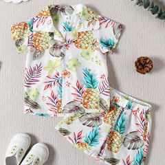 2pcs Boy Casual Cotton Tropical Graphic Short Sleeve Shirts & Shorts Set