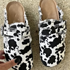 Women's Cow Print Mules Buckle Strap Flat Clogs