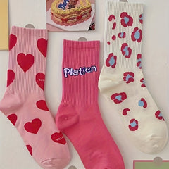 6 Pairs Heart & Plaid Print Socks Women's Mid Tube Stockings