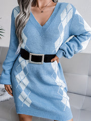 Argyle Print Casual Sweater Dress Long Sleeve V Neck