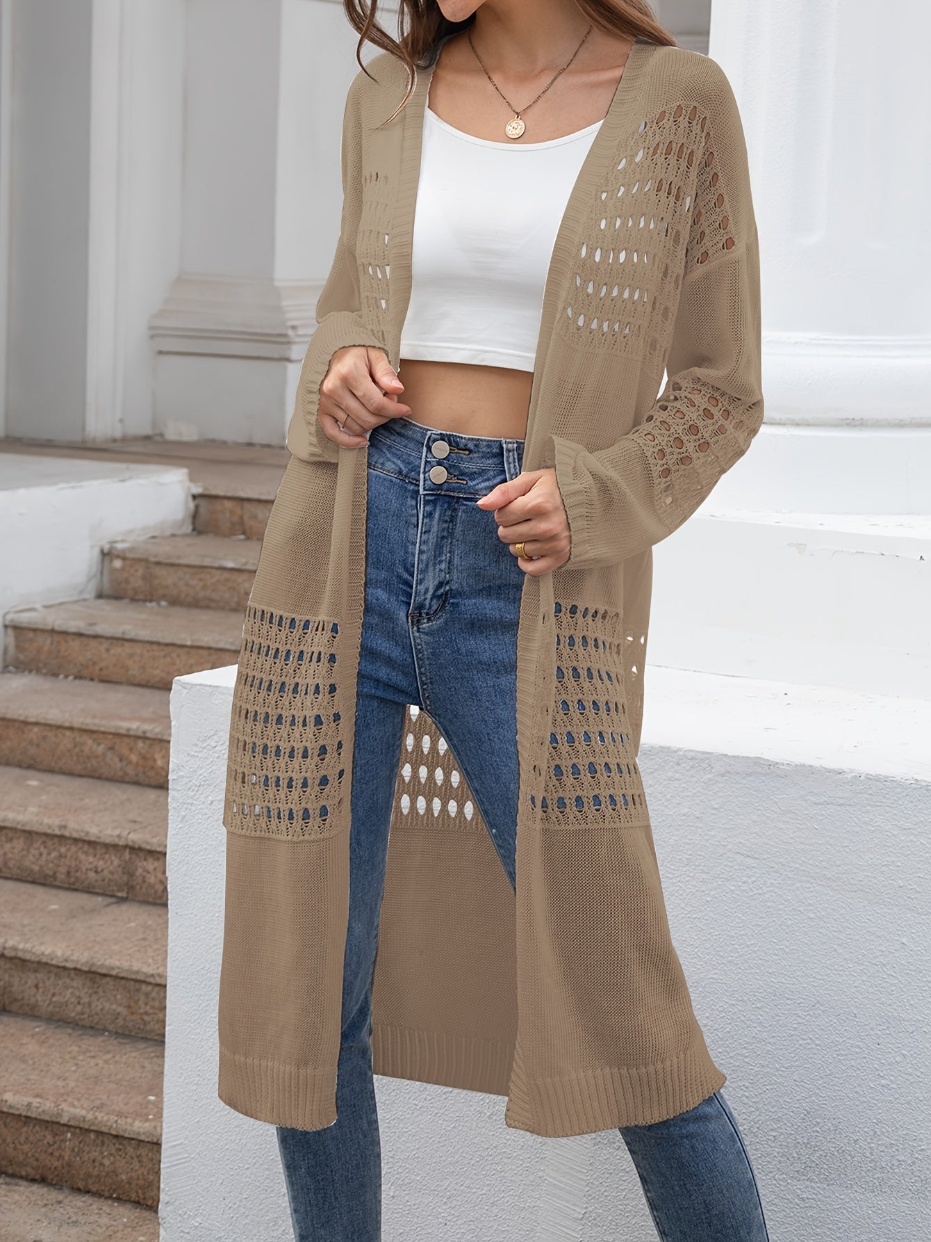 Eyelet Embroidered Long Sleeve Open Front Cardigan
