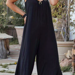 Casual Wide Leg Jumpsuit Spaghetti Strap Solid Color Scoop Neck Overall