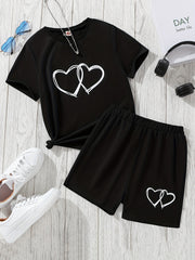 Girls 2pcs Love Heart Print Top & Shorts Set Summer