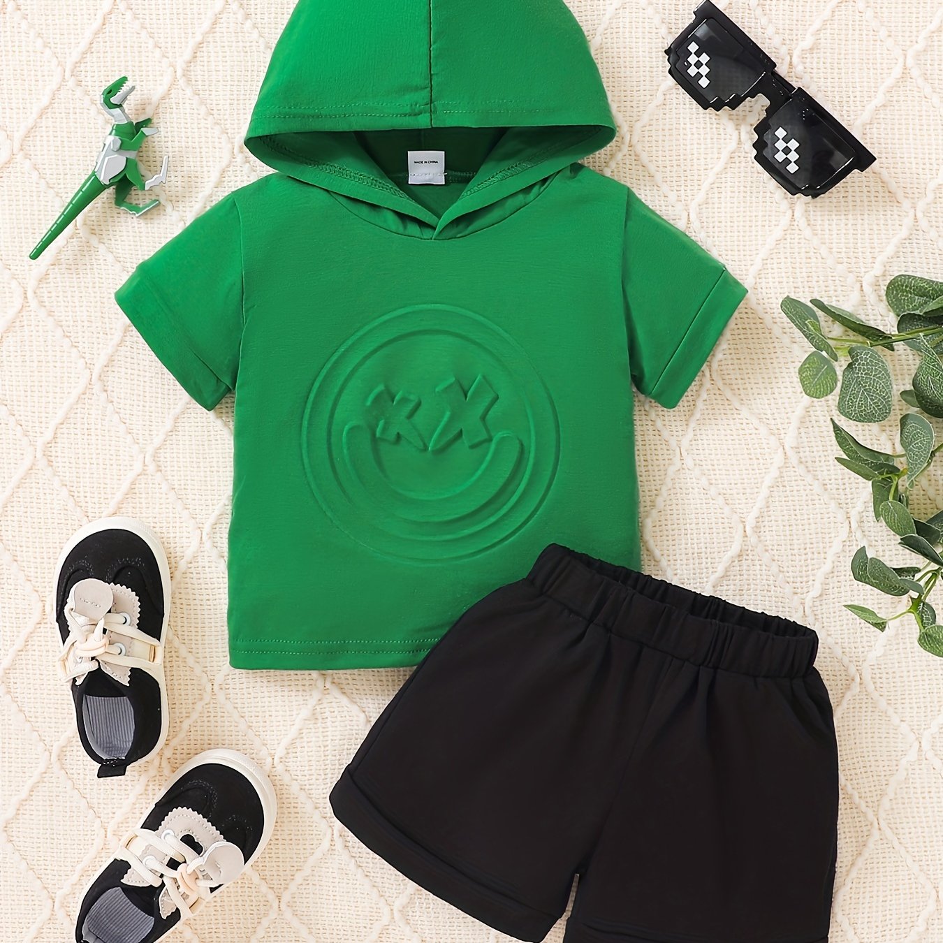 Baby Boys Summer Casual Set - Smile Print Hooded Tops & Elastic Shorts