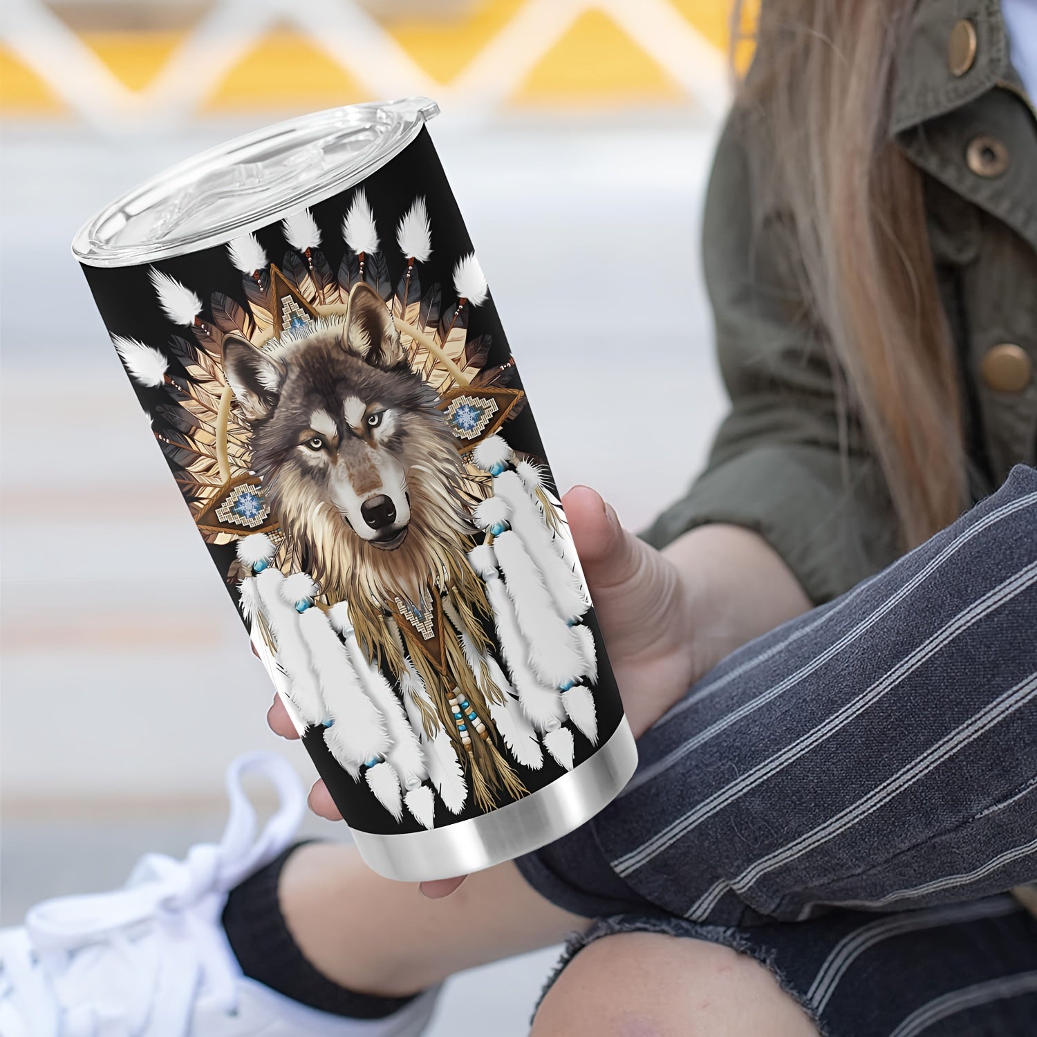 20oz Indian Wolf Stainless Steel Tumbler - Insulated Travel Mug