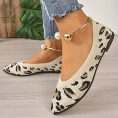 Leopard Printed Point Toe Slip On Flat Shoes with Metallic Strap