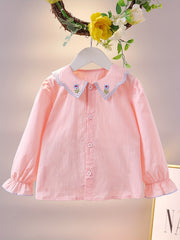 Girls Flower Embroidered Button Long Sleeve Shirt