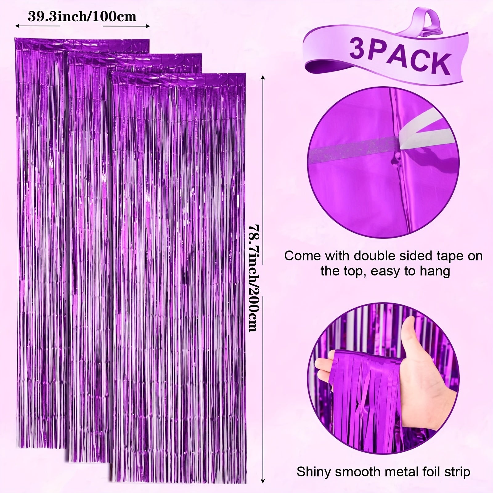 3pcs Purple Foil Fringe Backdrop Curtains