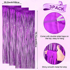 3pcs Purple Foil Fringe Backdrop Curtains