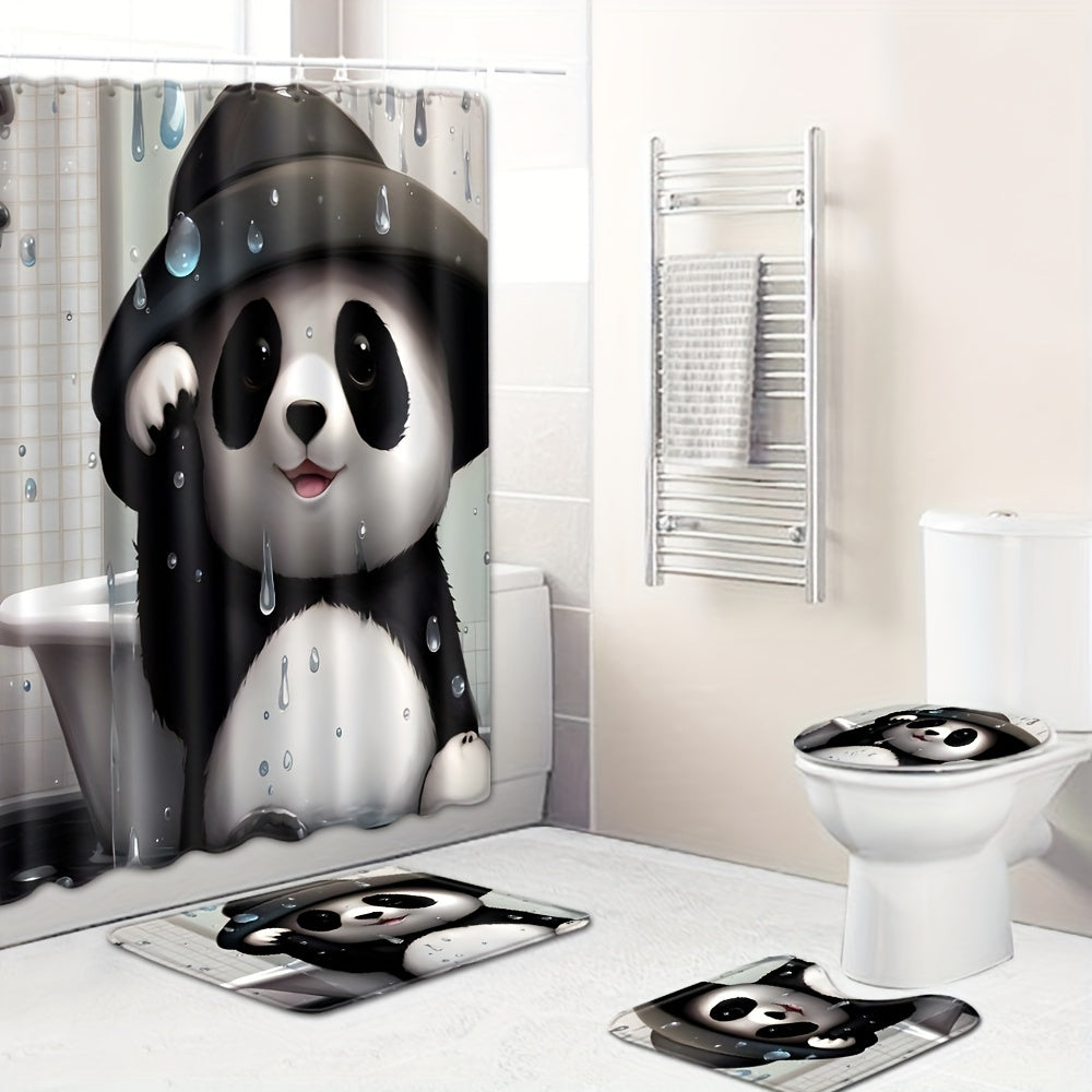 Panda Shower Curtain Set with Rings & Floor Mat - Modern Bathroom Accessory