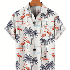 Hawaiian Coconut Tree & Flamingo Print Men's Casual Short Sleeve Shirt
