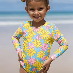 Flower Print Long Sleeve Swimsuit for Girls