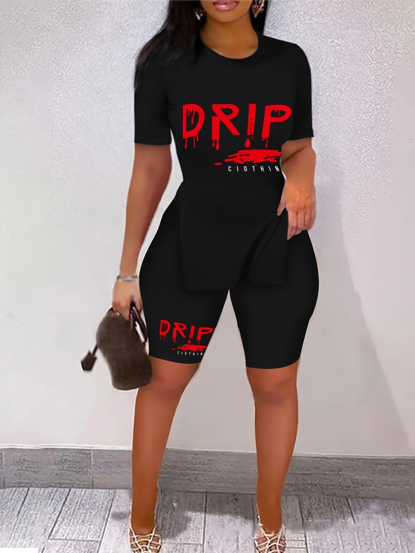 Letter Print Two piece Set Short Sleeve Casual T Shirt & Workout Shorts