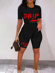 Letter Print Two piece Set Short Sleeve Casual T Shirt & Workout Shorts