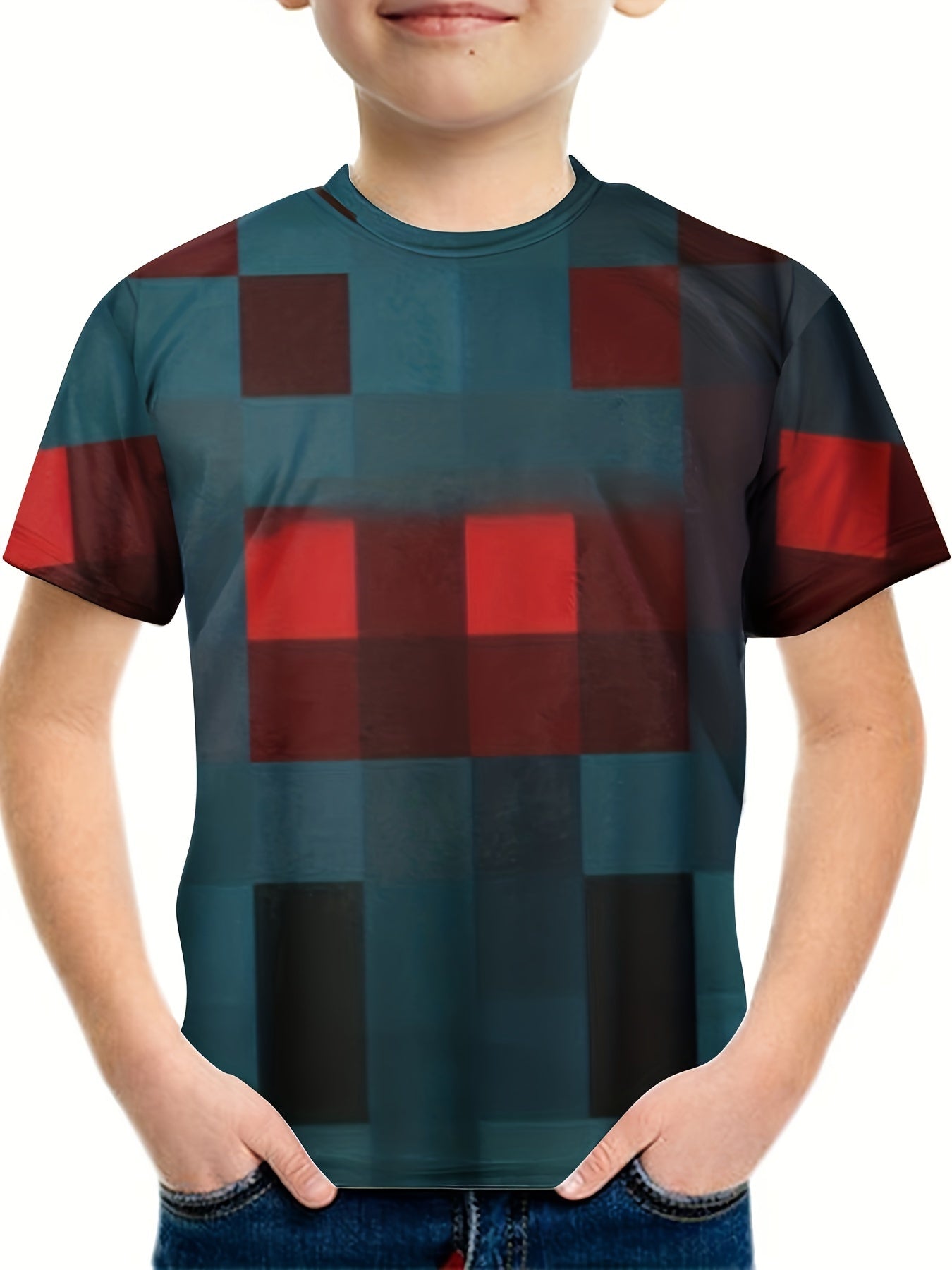 Square 3D Print Boys Short Sleeve T shirt Kids Round Neck Casual Summer Top